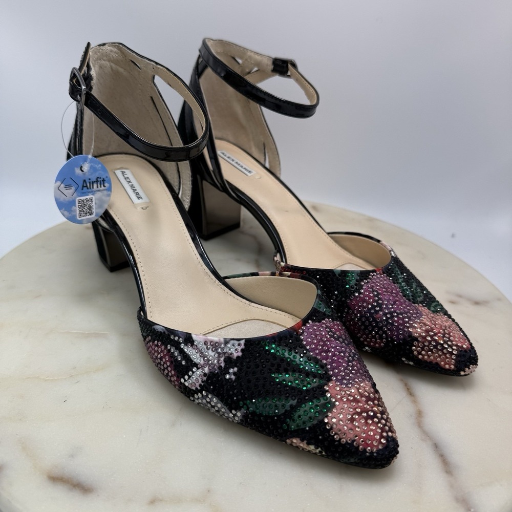 Alex Marie Black Floral Rhinestone Heels Ankle Strap Block Heel Size 8.5M New